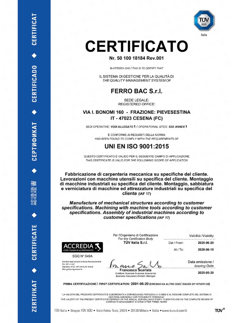 Certificate UNI EN ISO 9001:2015